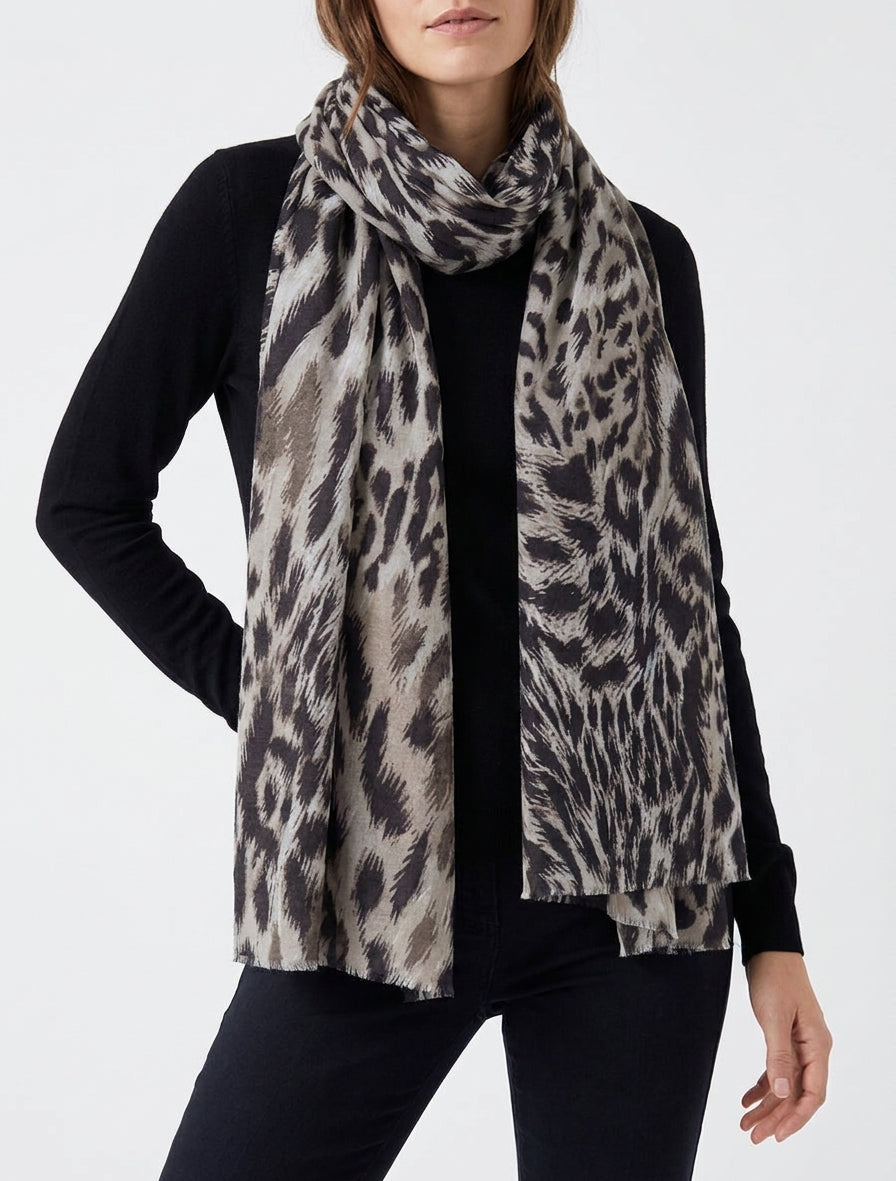 Schal aus Wollmischung mit Leopardenmuster - Beige