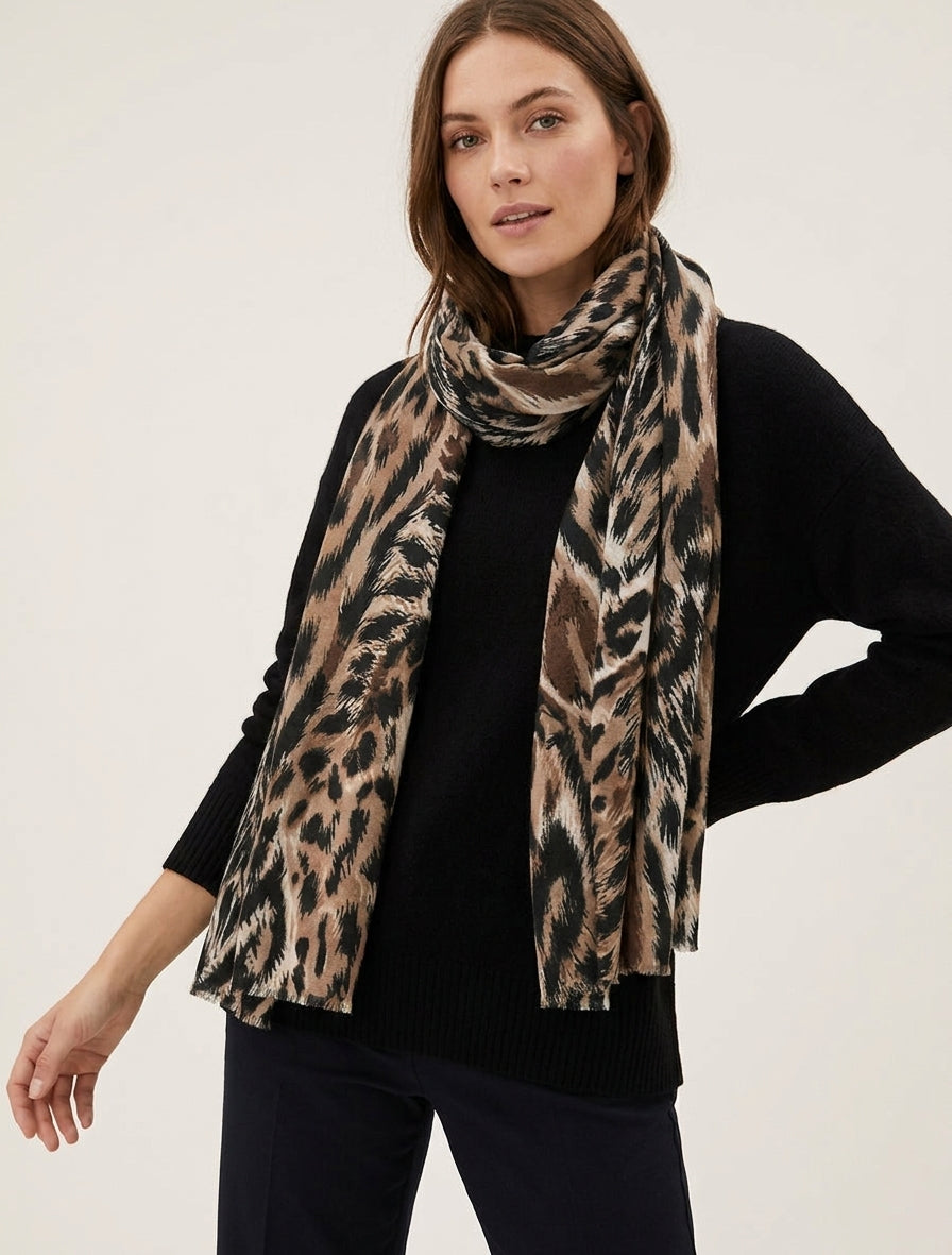 Schal aus Wollmischung mit Leopardenmuster - Kamel