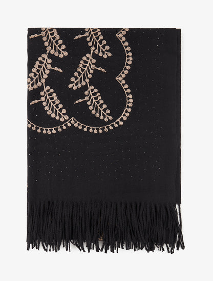 Echarpe en laine mélangée à broderies et strass - Noir - 2