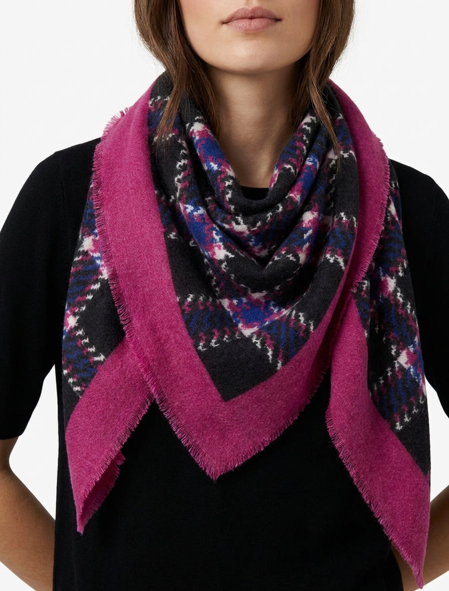 Karierter Schal mit ausgefransten Kanten - Fuchsia