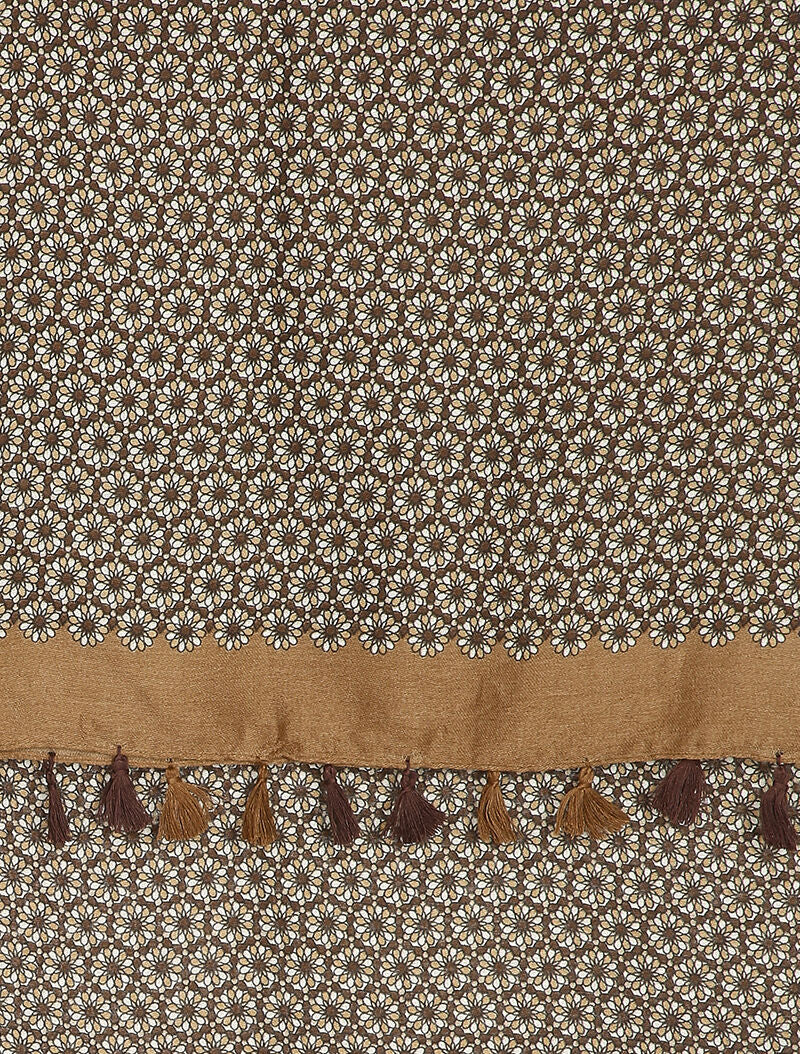 Foulard à imprimé mosaïque de fleurs et bords à pompons - Taupe - 2