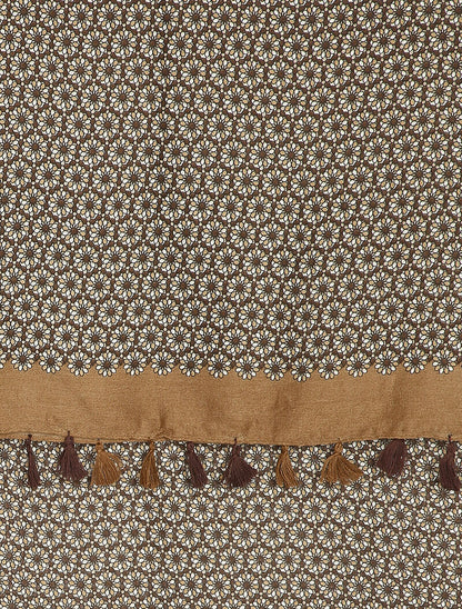 Foulard à imprimé mosaïque de fleurs et bords à pompons - Taupe - 2