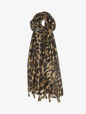 Foulard à imprimé léopard et bords à pompons - Marron - 1
