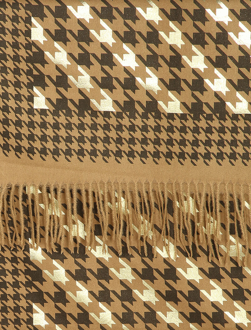 Echarpe à imprimé pied de poule irisé et bords à franges - Camel - 2