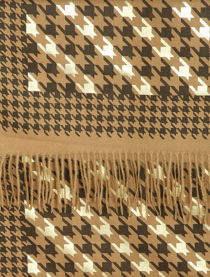 Echarpe à imprimé pied de poule irisé et bords à franges - Camel - 2