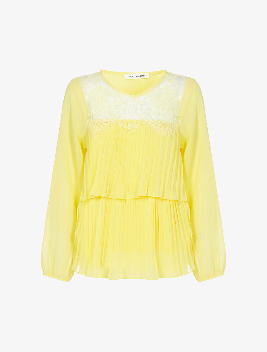 Blouse à décolleté dentelle et avant gaufré - jaune fluo - 1