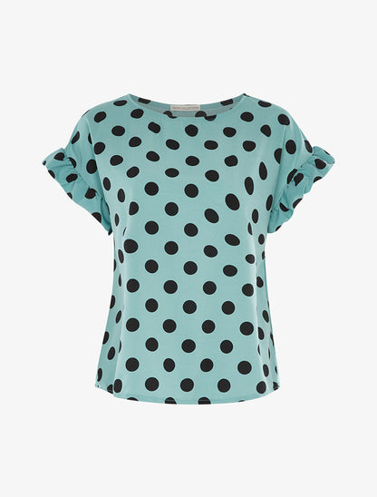 Blouse à pois et manches volantées - Turquoise - 1