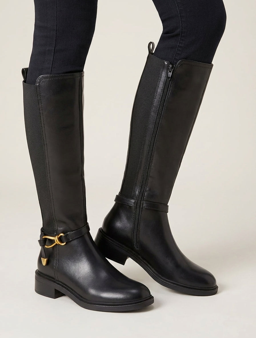 Reiterstiefel mit Zierschnalle - Schwarz