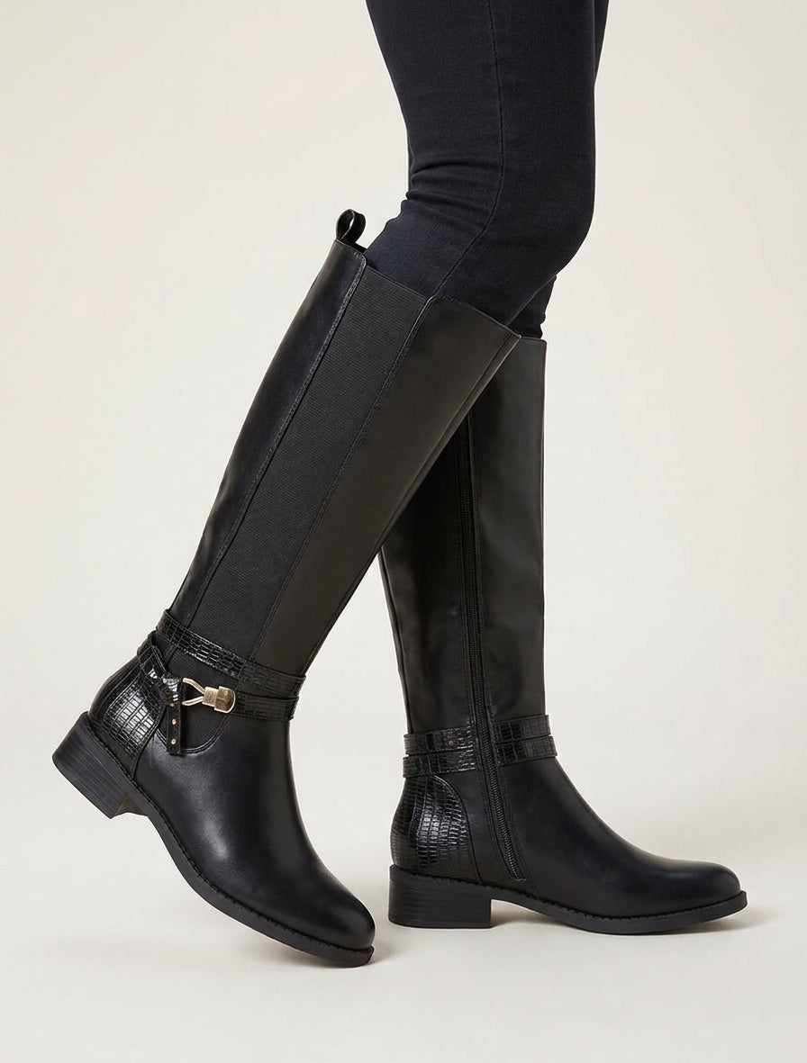 Elastische Stiefel mit Krokoprint-Fersenkappe - Schwarz