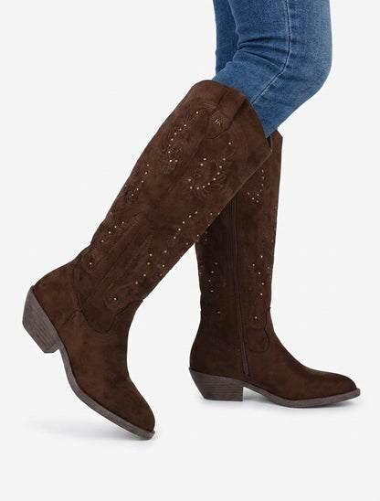 Stiefeletten im Wildleder-Look im Westernstil mit Nieten - Braun