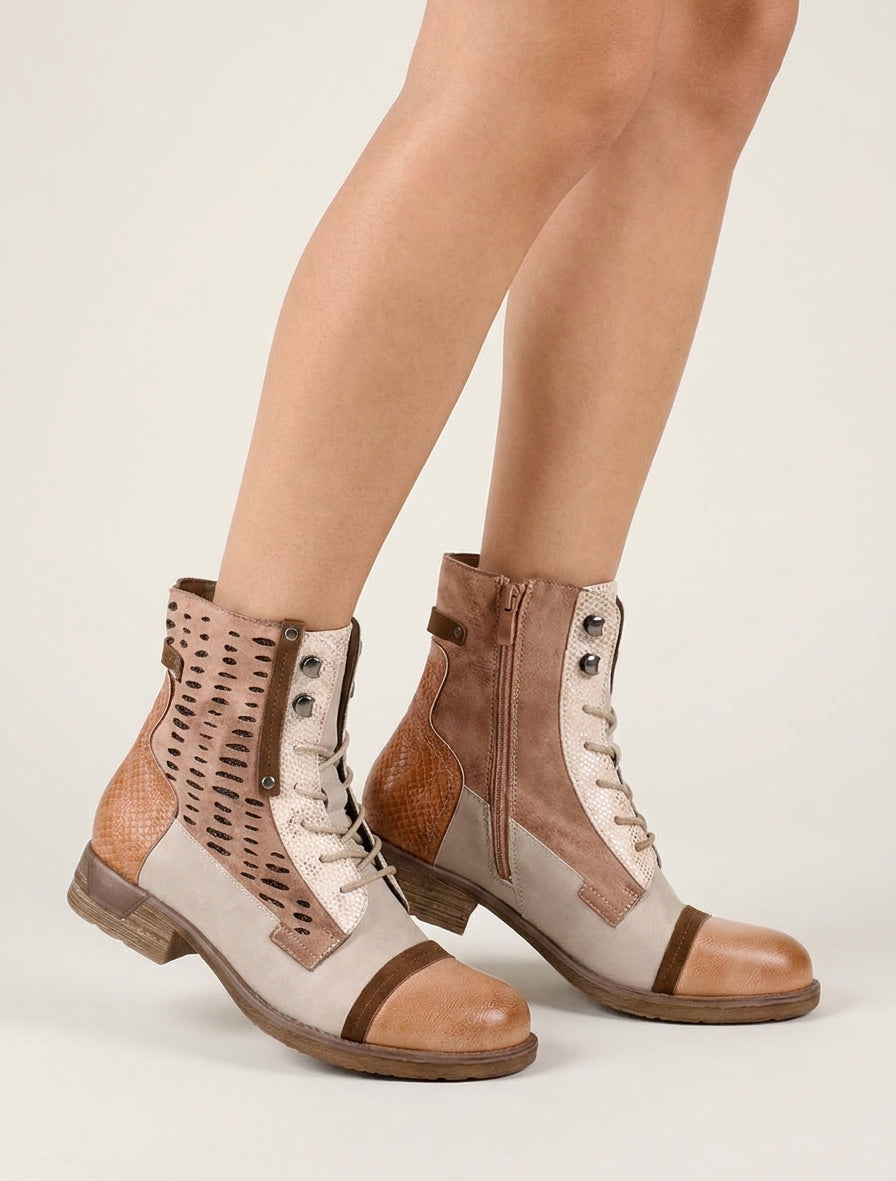 Schnürstiefeletten mit irisierenden Perforationen und Python. - Lachsrosa