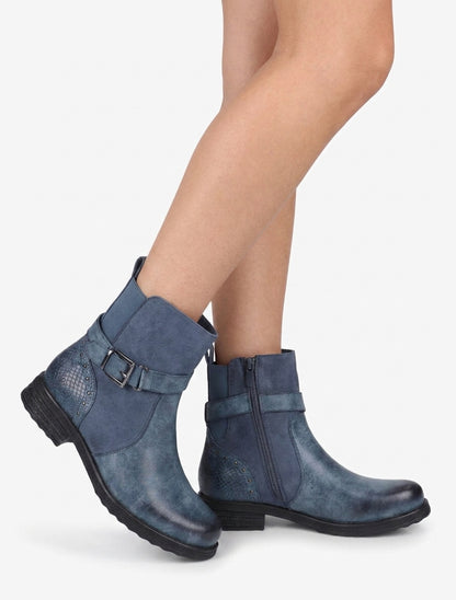 Stiefeletten mit dekorativem Riemen und Python-Einsatz - Blau