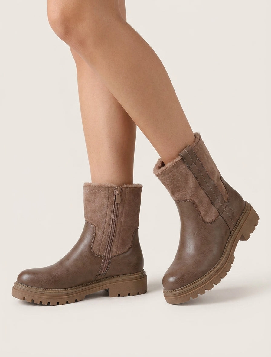 Gefütterte Stiefeletten aus Kunstleder und Wildlederimitat - Maulwurf