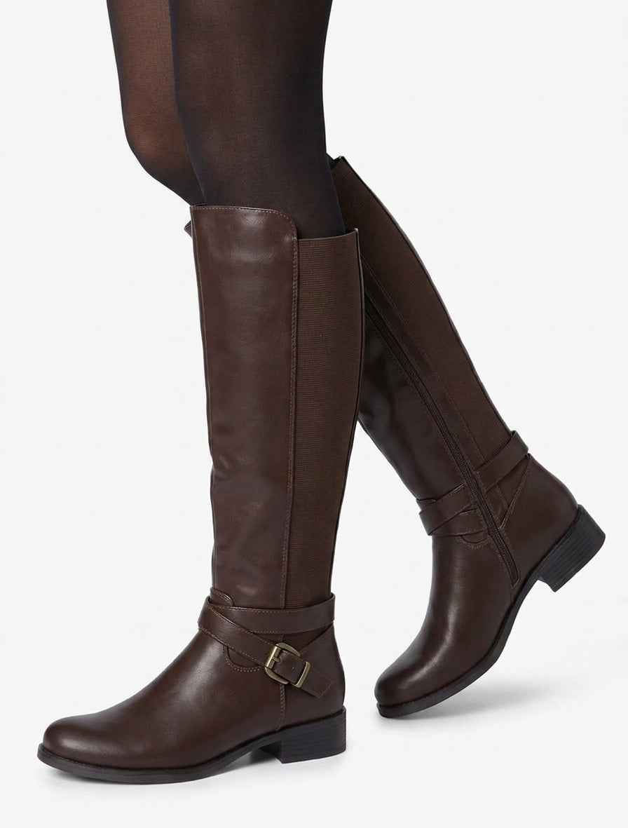 Elastische Stiefel mit Riemen und Schnalle - Braun