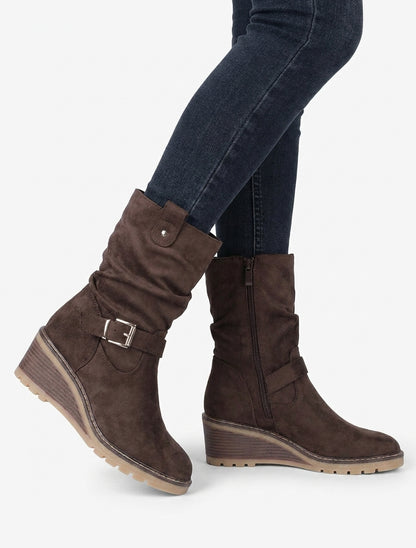 Keilabsatz-Stiefeletten mit Raffungseffekt - Braun