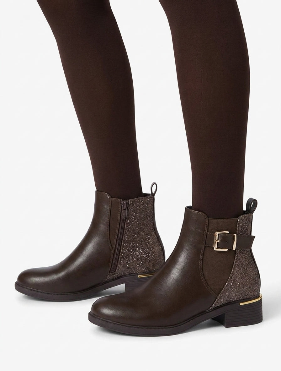 Elastische Stiefeletten mit schimmerndem Fersenverstärkung - Braun