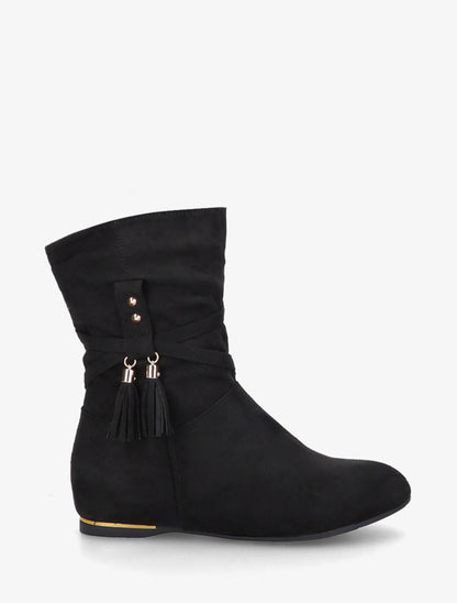 Bottines montantes en suédine à pompons - Noir - 1