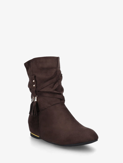 Bottines montantes en suédine à pompons - Marron - 2