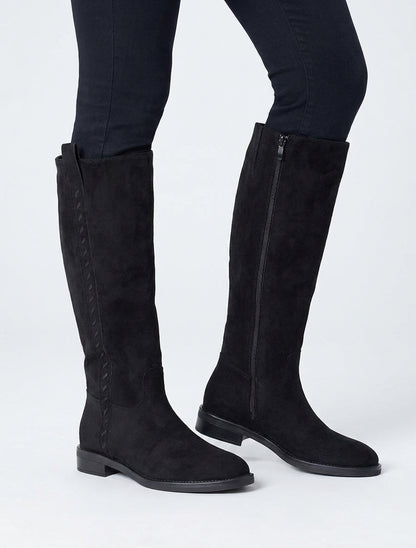 Stiefel aus Wildlederimitat mit dekorativen Nähten - Schwarz