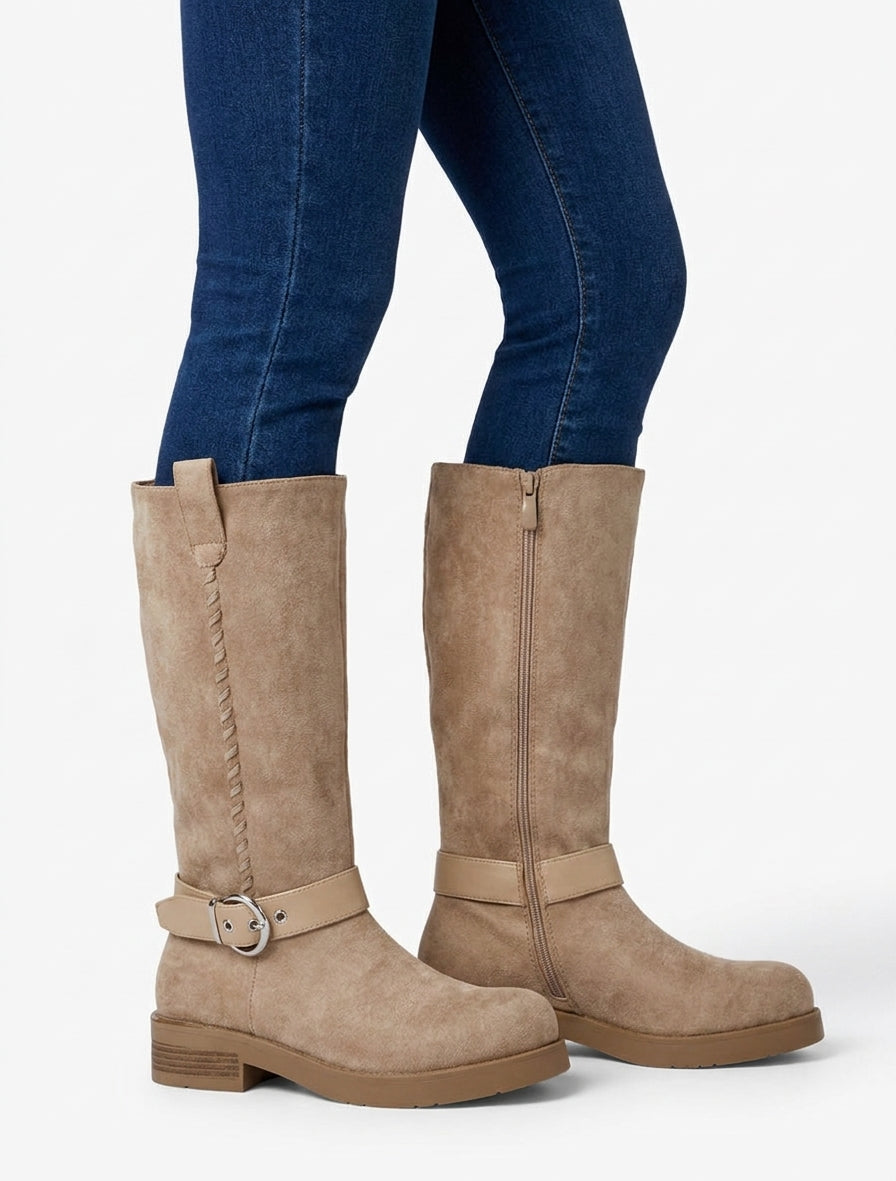 Gurtstiefeletten aus Wildlederimitat - Beige