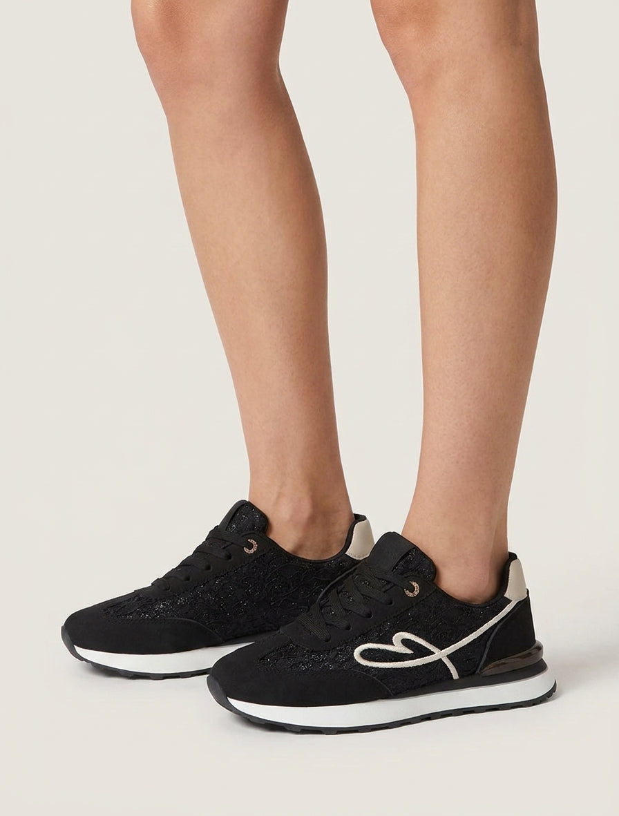 Sneaker in Nubuk-Optik und glitzernder Spitze - Schwarz