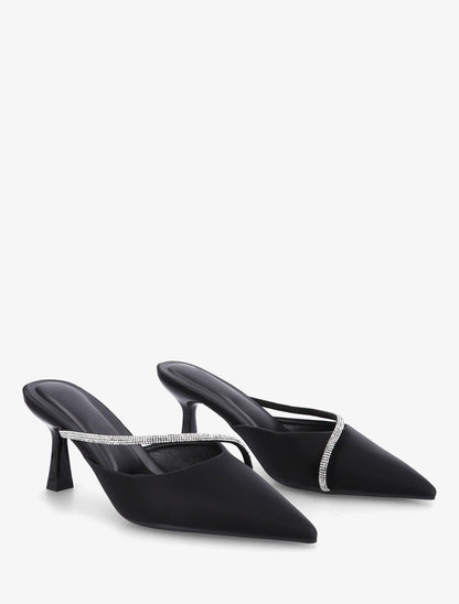 Mules satinées à strass et bouts pointus - Noir - 4