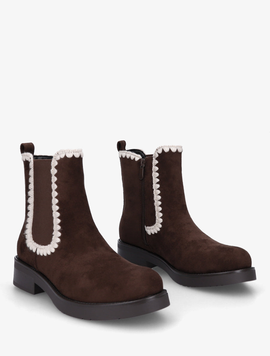 Bottines suédine élastiquées à broderies - Chocolat - 4
