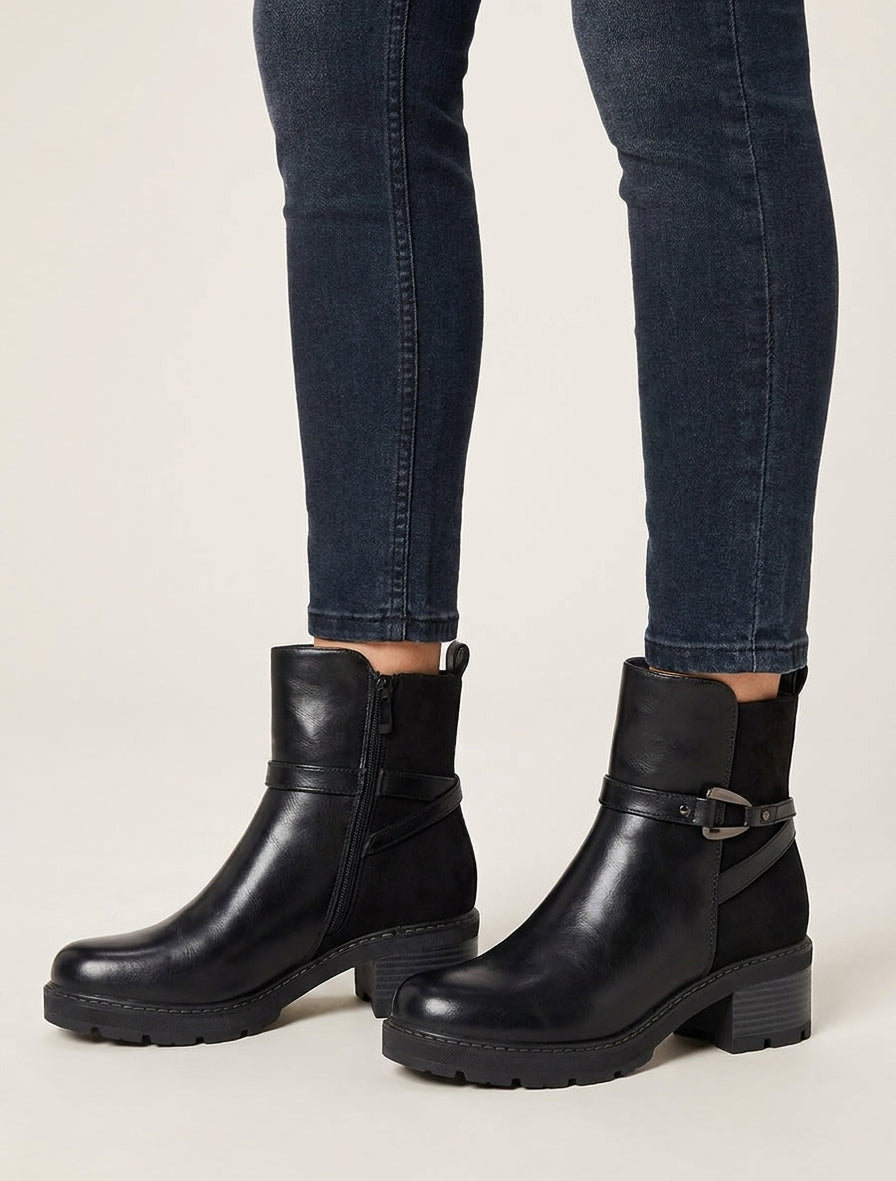 Einfarbige Stiefeletten aus Kunstleder und Wildlederimitat - Schwarz