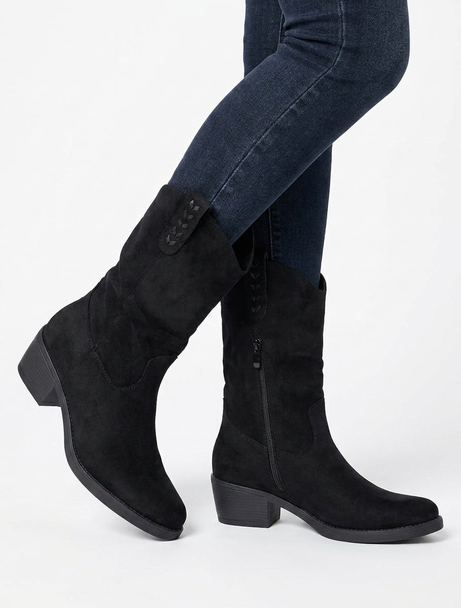 Stiefeletten aus Wildlederimitat mit runden Spitzen - Schwarz