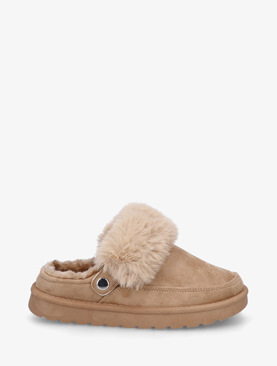 Mules plates fourrées - Beige foncé - 1
