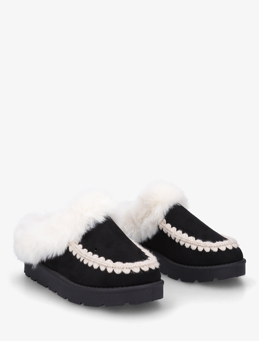 Mules fourrées en suédine à broderies - Noir - 4