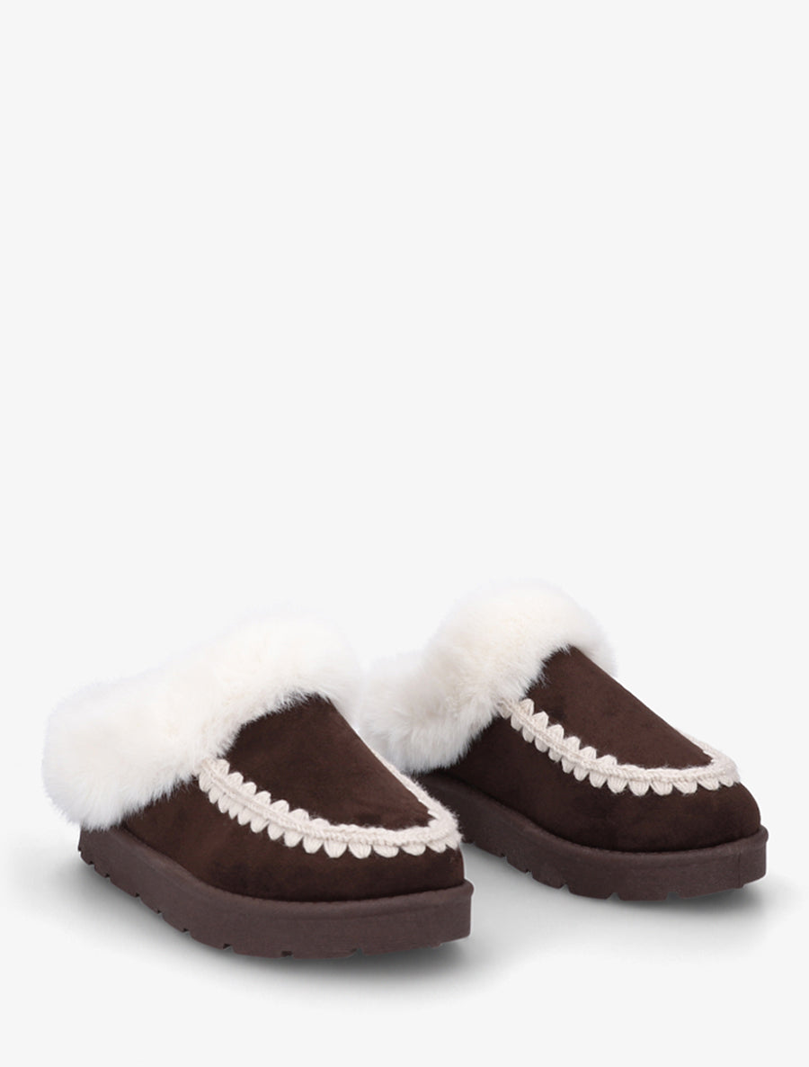 Mules fourrées en suédine à broderies - Marron - 4