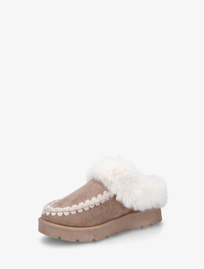 Mules fourrées en suédine à broderies - Taupe - 3