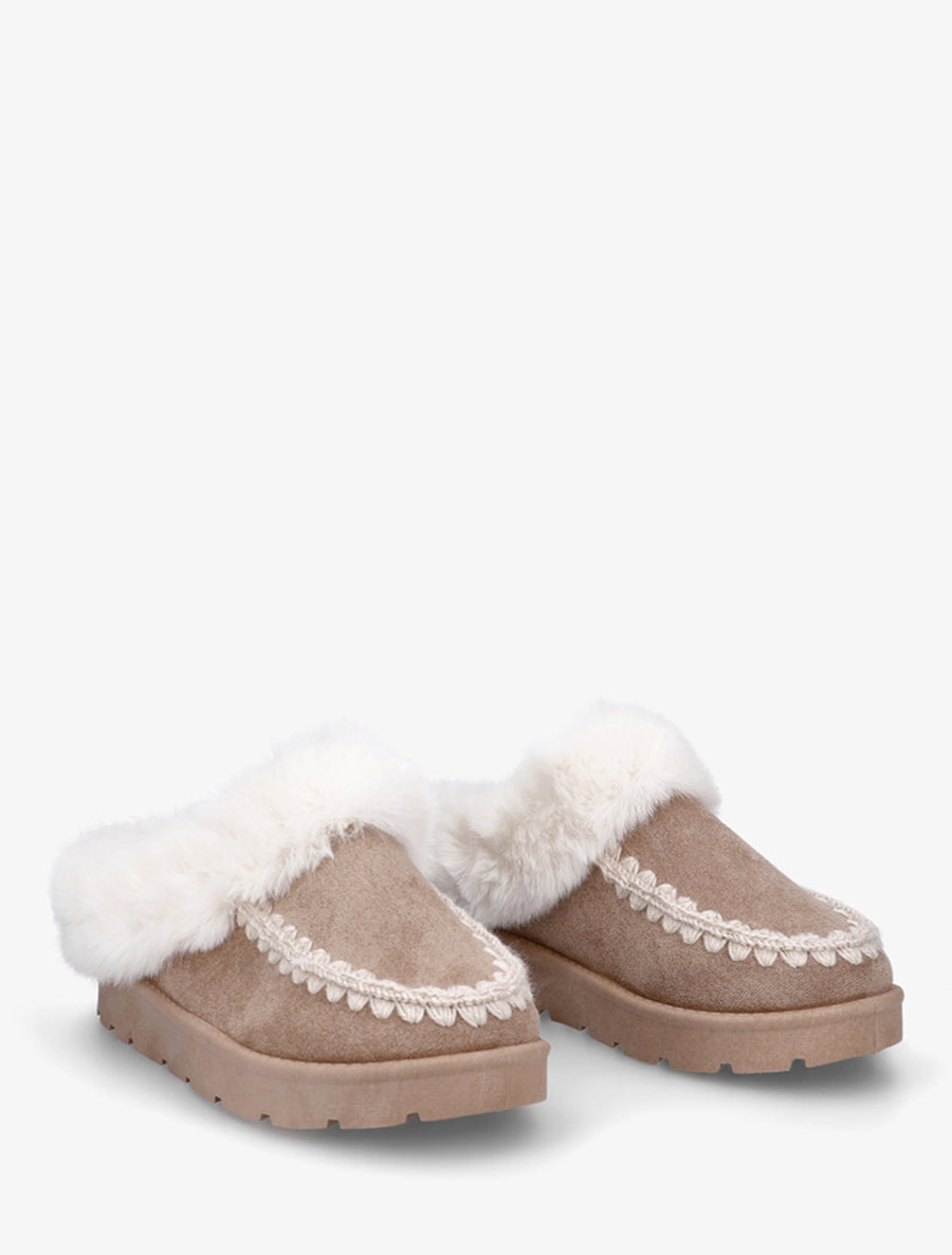 Mules fourrées en suédine à broderies - Taupe - 4