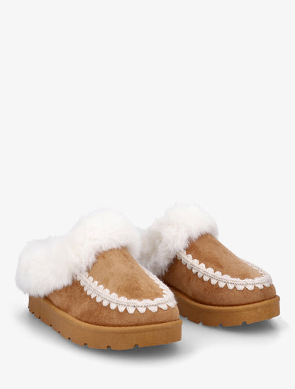 Mules fourrées en suédine à broderies - Camel - 4