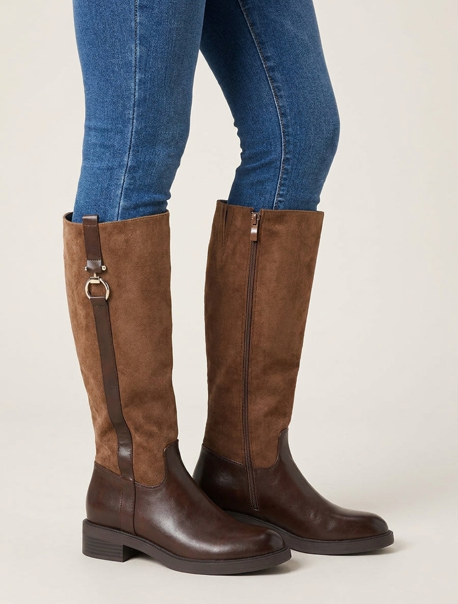 Reitstiefel aus zweierlei Material mit Schnalle - Braun