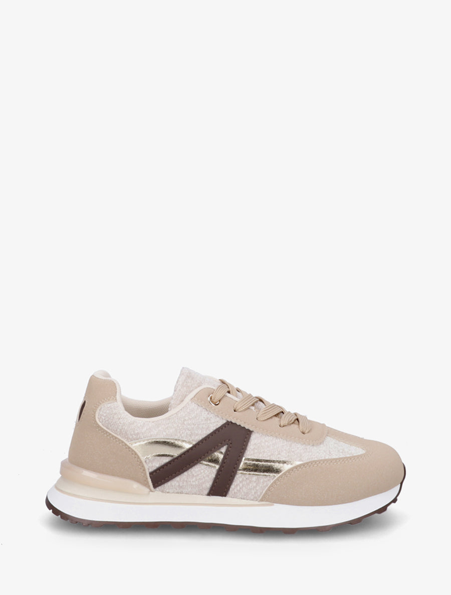 Baskets effet nubuck et tissu empiècement en V - Beige - 1