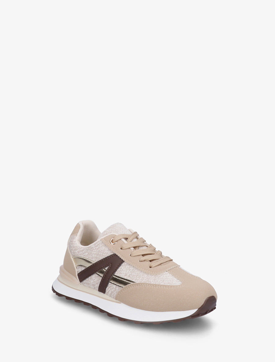 Baskets effet nubuck et tissu empiècement en V - Beige - 2