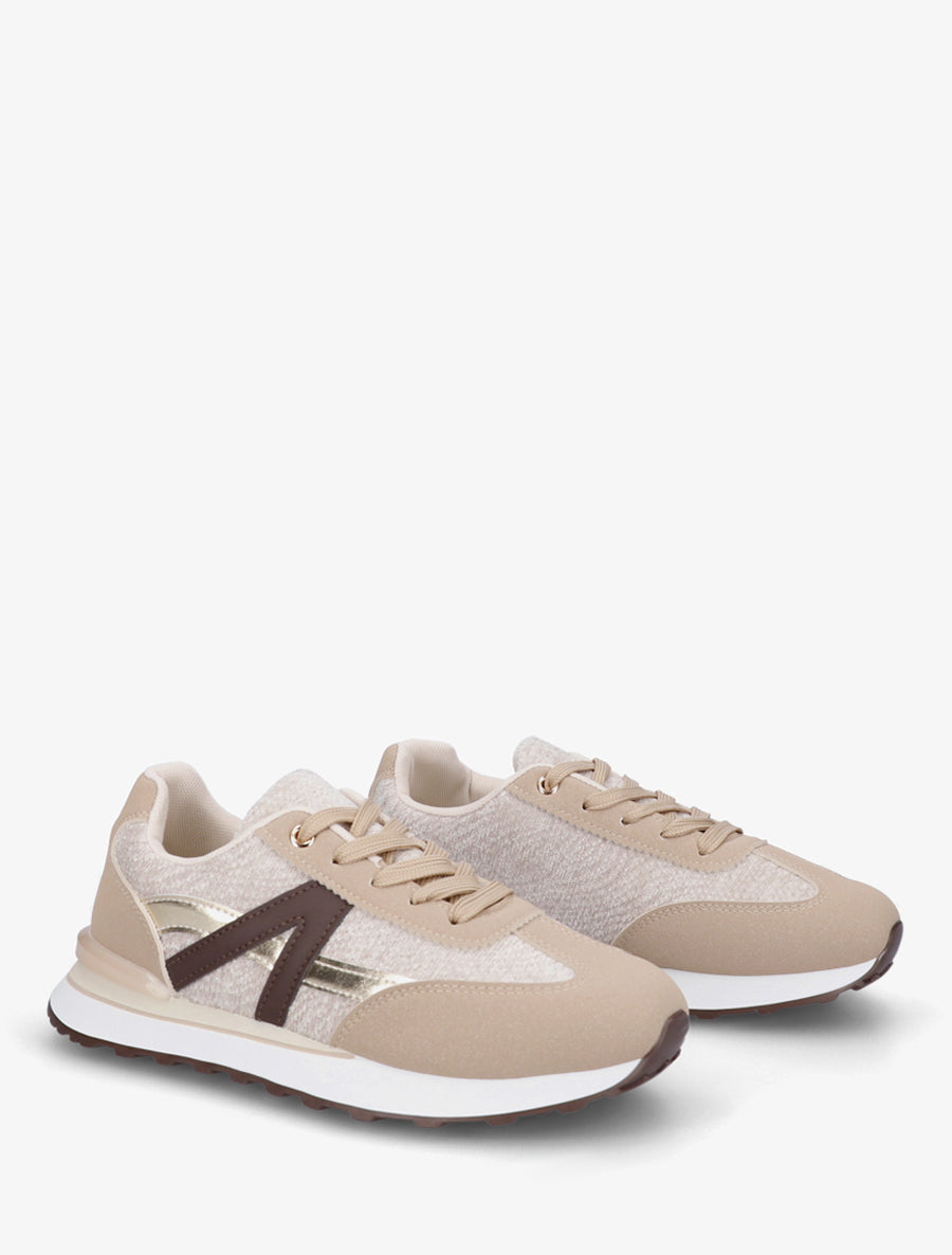 Baskets effet nubuck et tissu empiècement en V - Beige - 4