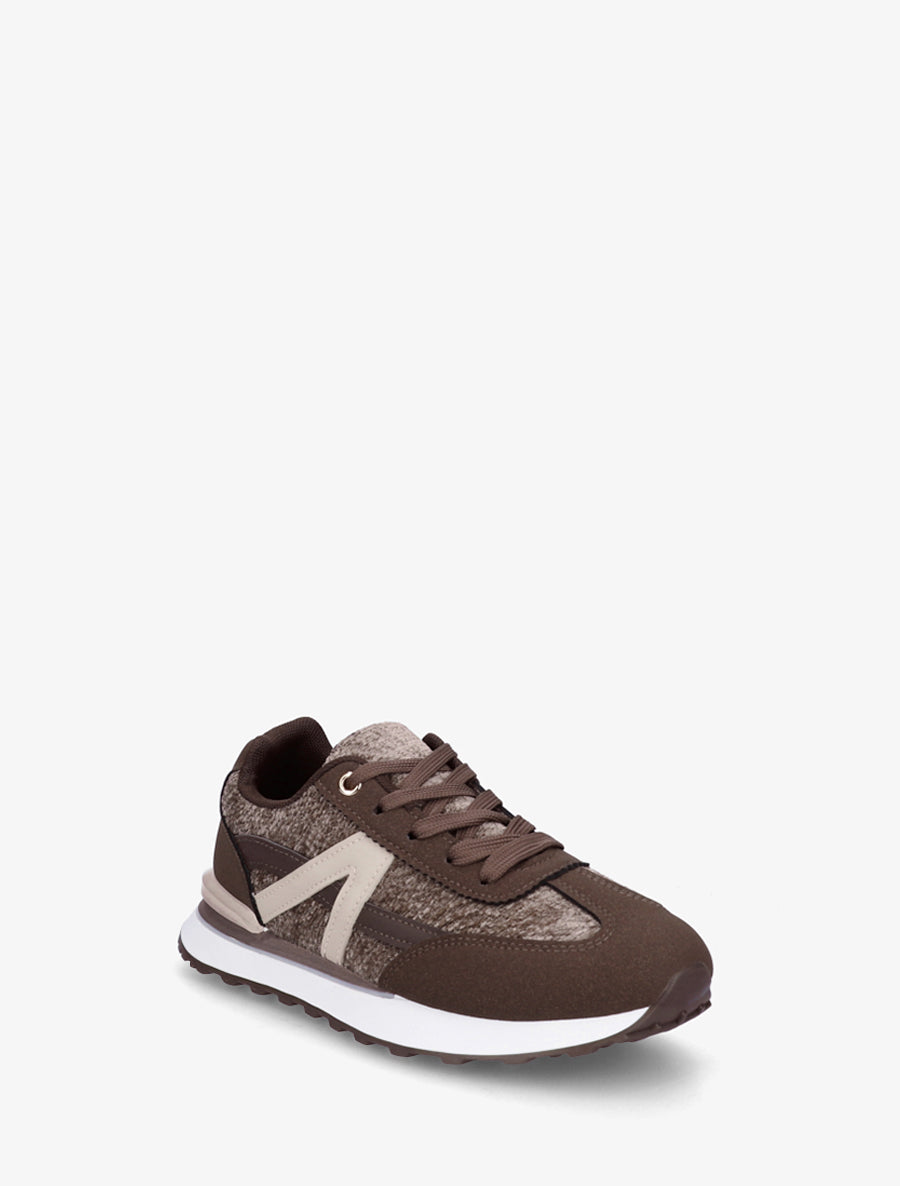 Baskets effet nubuck et tissu empiècement en V - Marron - 2