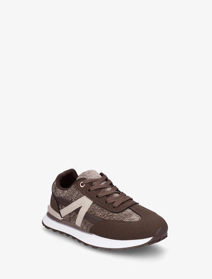 Baskets effet nubuck et tissu empiècement en V - Marron - 2