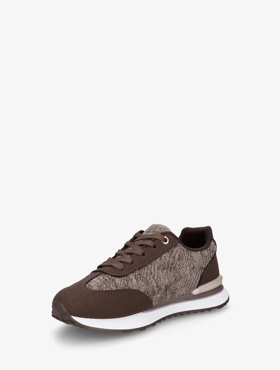 Baskets effet nubuck et tissu empiècement en V - Marron - 3