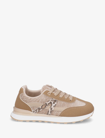 Baskets effet nubuck et tissu empiècement en V léopard - Beige foncé - 1