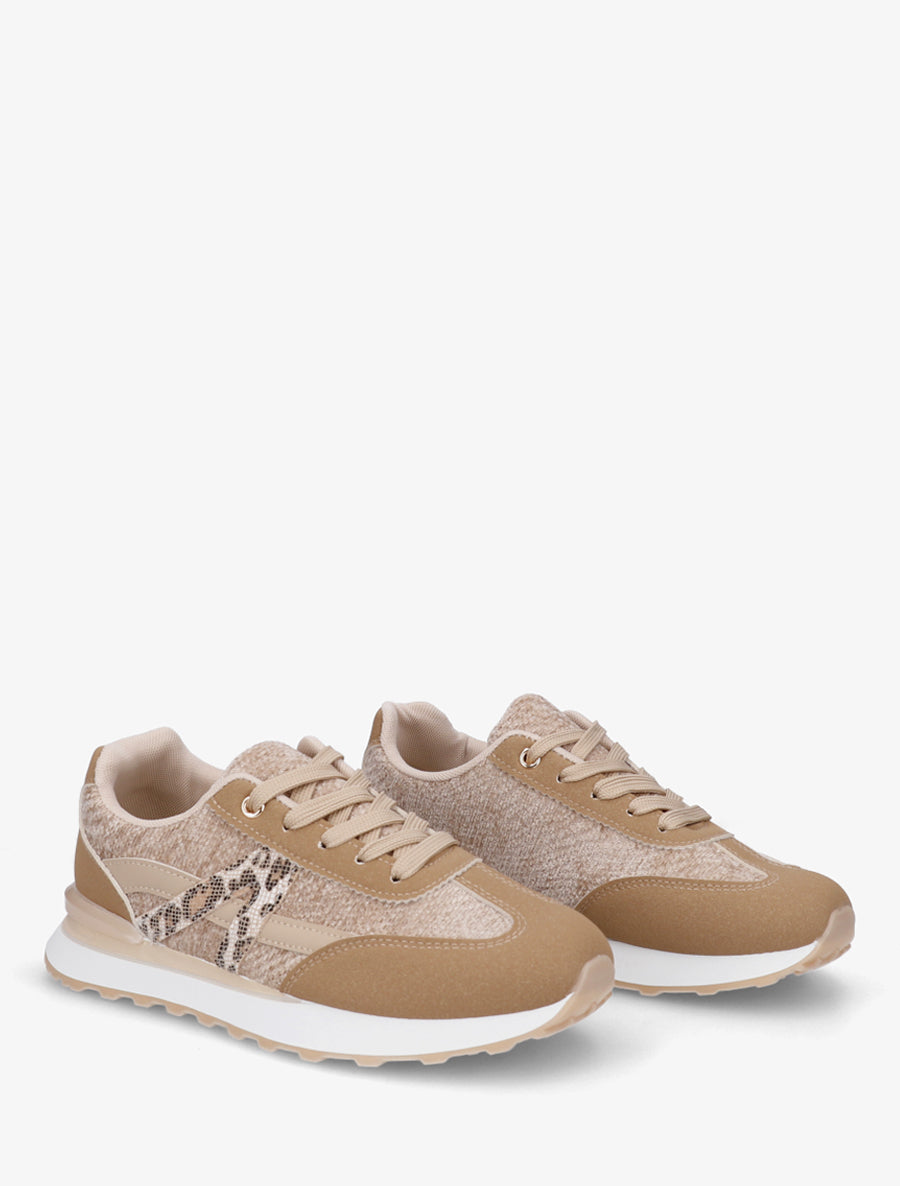 Baskets effet nubuck et tissu empiècement en V léopard - Beige foncé - 4