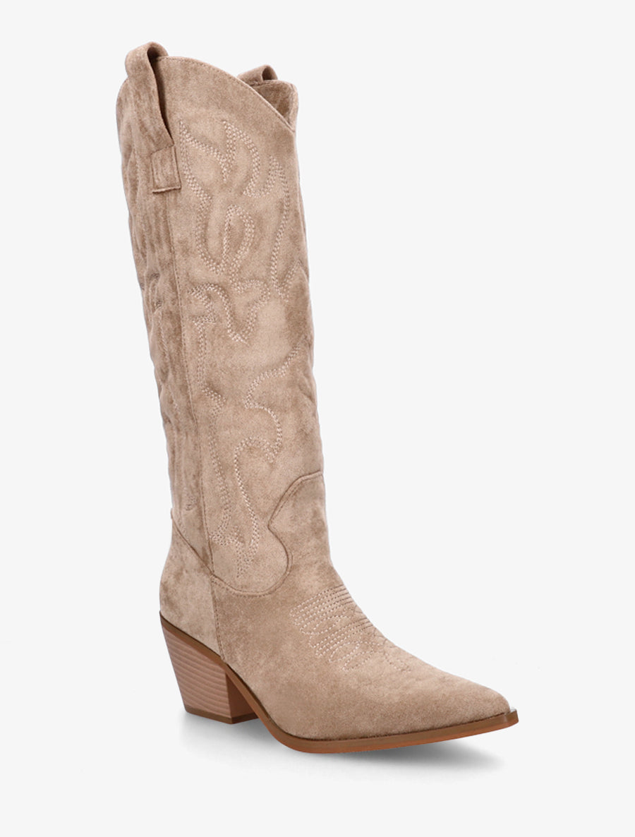 Bottes en suédine style santiag avec coutures en relief - Beige foncé - 2