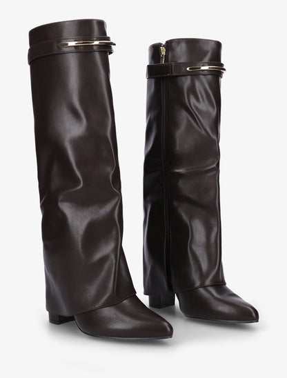 Bottes fourreau en simili avec sangle amovible à empiècement métallique - Chocolat - 4