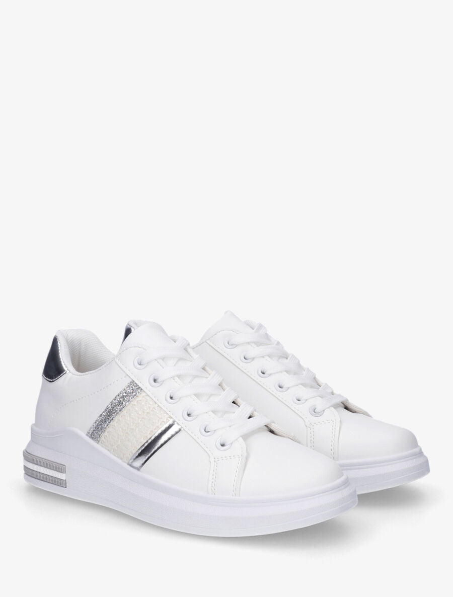 Sneakers en simili à bandes effet paille - Argent - 4