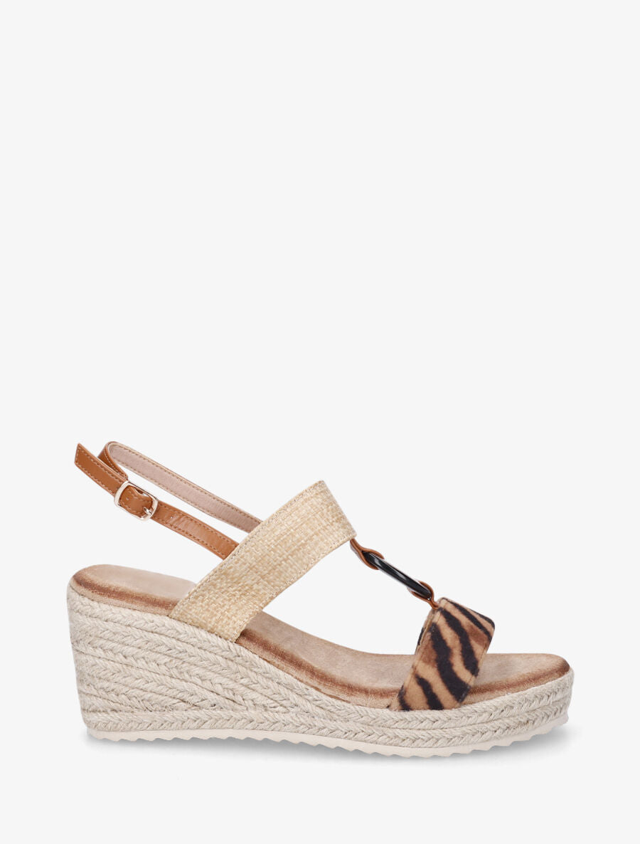 Sandales compensées à bride motif zèbre - Camel - 1