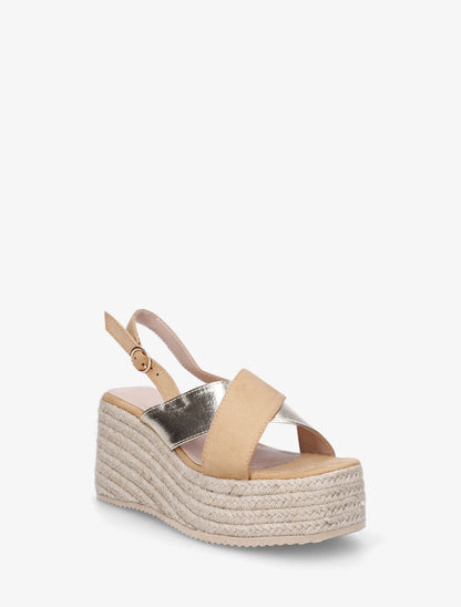 Sandales croisées bi-matière à talon compensé - Camel - 2