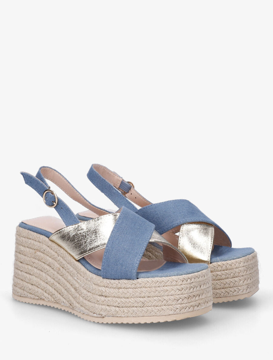 Sandales croisées bi-matière à talon compensé - Bleu denim - 4